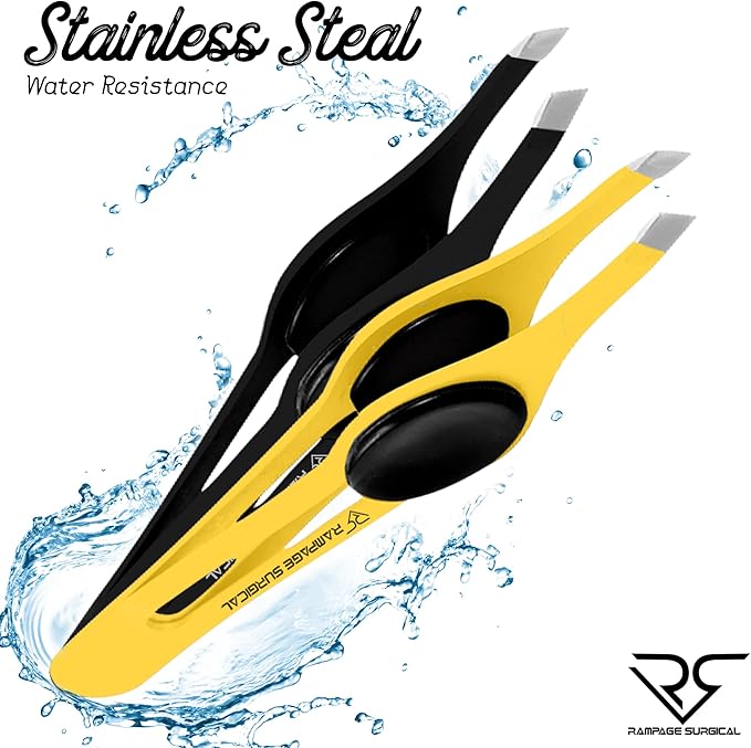 Professional Eyebrow Tweezers Slanted Tip Stainless Steel 2,3xPcs Set, Non-Slip Grip Slant Tip Tweezers for Facial Hair, Plucking Removing Ingrown Hairs, Tweezer for Women Men (Black&Yellow)