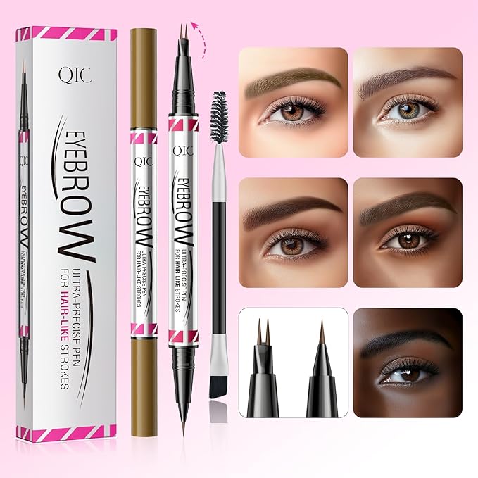 Microblading Eyebrow Pen,2-in-1 Dual-Ended Eye Brow Pencil with 2-Fork-Tip and Precise Brush-Tip, Waterproof Long Lasting Eyebrow Pen for Natural Hair-Like Brows(Brown)