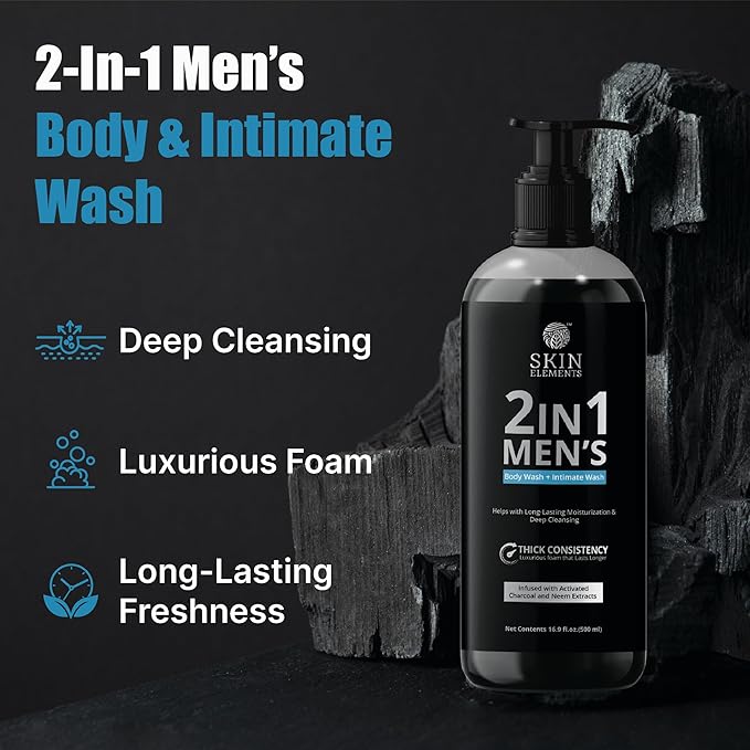 Skin Elements 2-in-1 Body & Intimate Wash for Men | 60+ Days of Usage | Daily Refreshing Wash | Natural Goodness of charcoal & Neem extracts | Thicker Consistency | Long Lasting Freshness |16.9 Fl. Oz