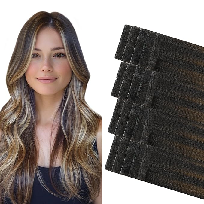 COOKAYU Invisible Tape in Hair Extensions Human Hair, Invisi Edge Tape in extensions Natural Black to Medium Brown and Caramel blonde 22Inch 20pcs 50g Straight Invisible Hair Extensions