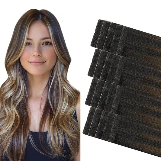 COOKAYU Invisible Tape in Hair Extensions Human Hair, Invisi Edge Tape in extensions Natural Black to Medium Brown and Caramel blonde 22Inch 20pcs 50g Straight Invisible Hair Extensions