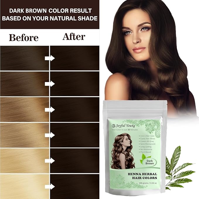 3IN1 Henna Hair Color - 30 Min Fast Herbal Hair Dye for Gray Coverage, Conditioning & Hair Treatment - No Ammonia, Semi-Permanent, Plant-Based (DARK BROWN)