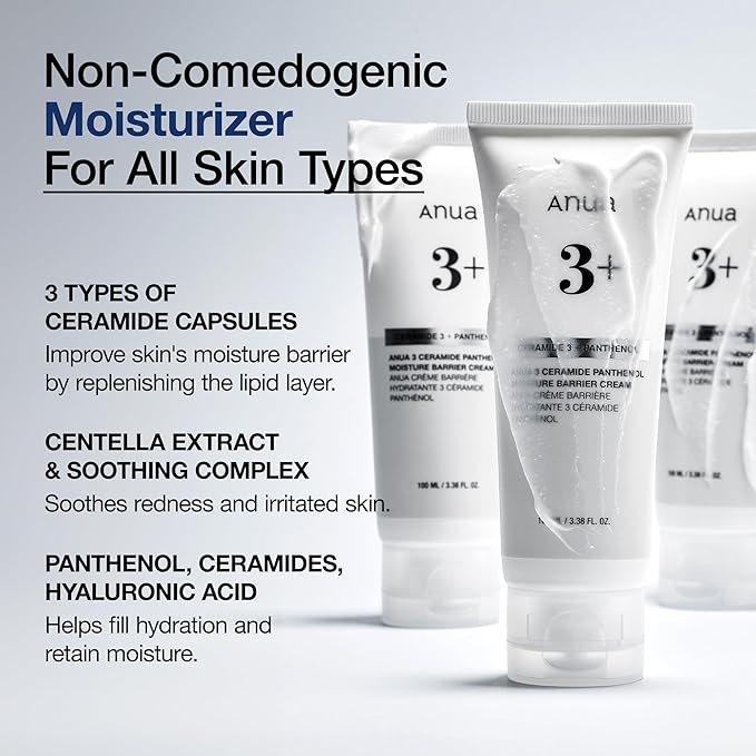 ANUA 3 Ceramide Panthenol Moisture Barrier Cream, Hydrating Face Moisturizer for Normal Skin, Panthenol, Ceramide, Centella for Skin Barrier Non Comedogenic, Korean Skincare (100ml/ 3.38 fl. oz.)