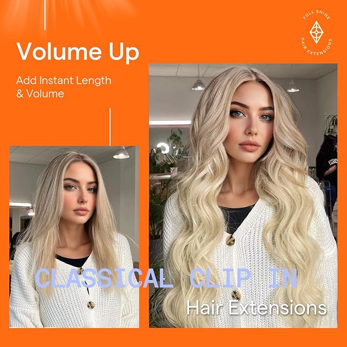 Full Shine Blonde Clip in Hair Extensions Real Hair Extensions Clip in Human Hair Nordic Balayage 18 Ash Blonde Fading to 22 and 60 Double Weft Straight Hair 7 Pcs 16 Inch 120 G