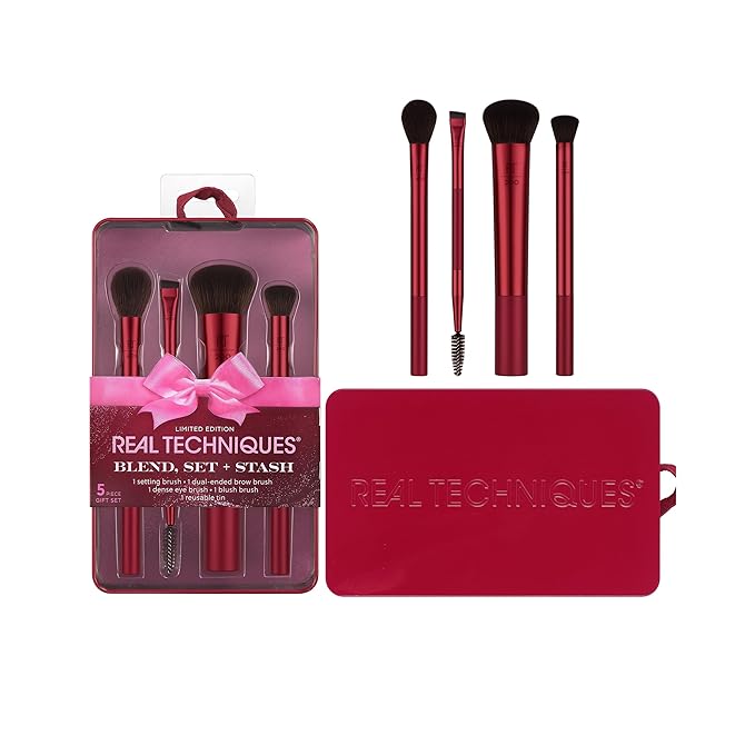 Real Techniques Blend, Set + Stash 5 Piece Holiday Makeup Brush Set with Storage Tin, Face & Eye Brushes for Foundation, Powder, Brows & Eyeshadow, Gift for Her, Cruelty-Free & Vegan