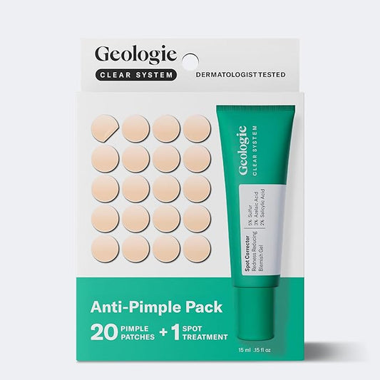 Geologie Clear System Anti-Pimple Pack, 20 Hydrocolloid Patches, Spot Treatment Gel with 5% Sulfur, Fast-Acting Acne Care