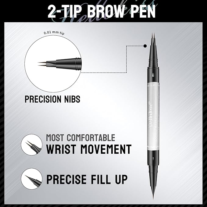 Double-Ended Eyebrow Pen, 0.01mm Micro-fork Tip,Waterproof Liquid Brow Ink, Micro-Fork and Fine Tips, 5 Shades (3#Dark Brown)
