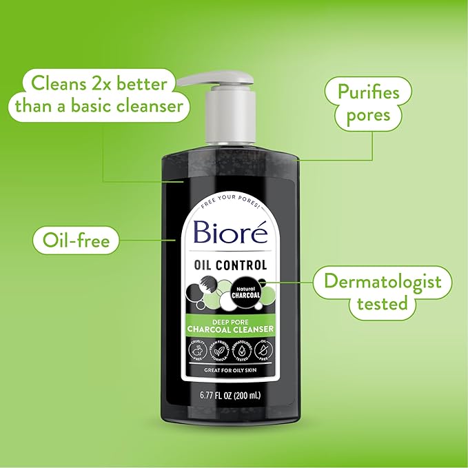 Biore Deep Pore Charcoal Face Wash, Daily Facial Cleanser for Dirt & Makeup Removal, for Oily Skin, 6.77 Oz