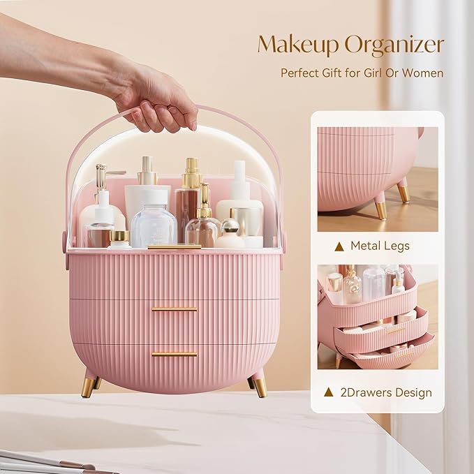 Makeup Organizers, Make Up Organizer for Vanity, Countertop Cosmetic Storage with Drawers and Transparent Cover for Bedroom Bathroom, Pink