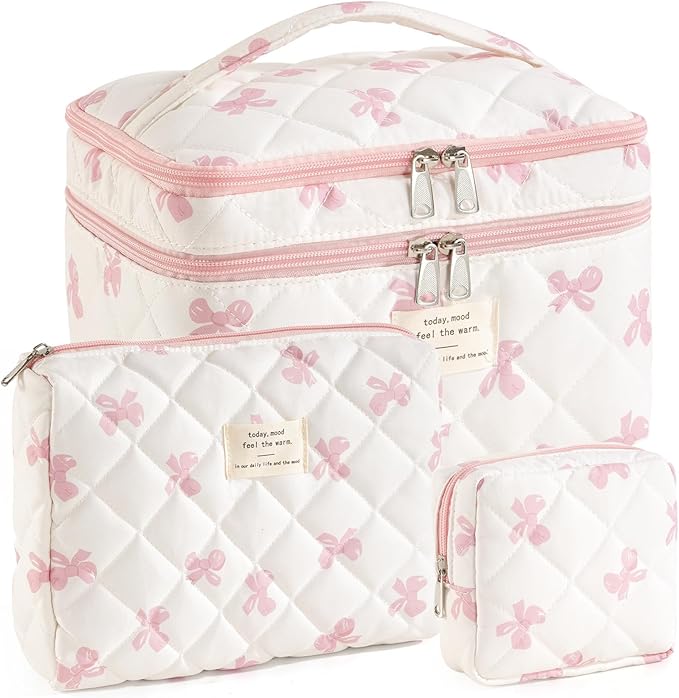 Large Makeup Bag for Women 3PCS Quilted Cotton Make Up Bag Travel Cosmetic Bag Large Makeup Bag Set Cute Bow Makeup Organizer Floral Toiletry Bag Makeup Pouch for Purse, Bow A