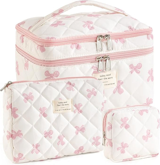 Large Makeup Bag for Women 3PCS Quilted Cotton Make Up Bag Travel Cosmetic Bag Large Makeup Bag Set Cute Bow Makeup Organizer Floral Toiletry Bag Makeup Pouch for Purse, Bow A