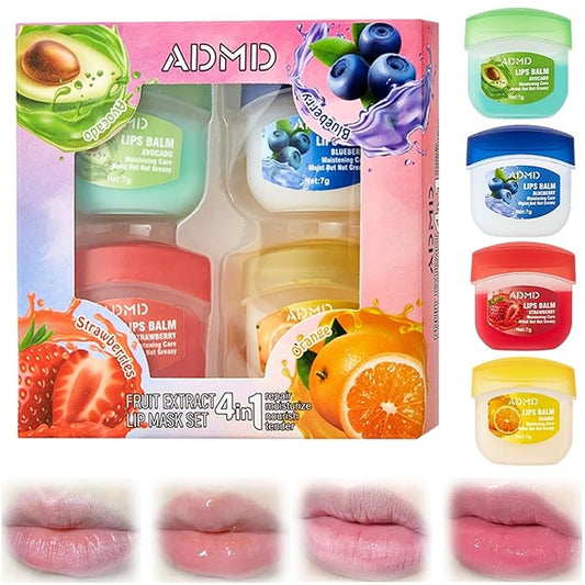4Packs Admd Fruity Lip Balm Set,Fruit Flavored Lip Care Set,Mini Colorless Lipsticks,Moisturizing Masks, Long-lasting Nourishing Smooth Soft, Hydrated Lips Overnight (4Pcs)