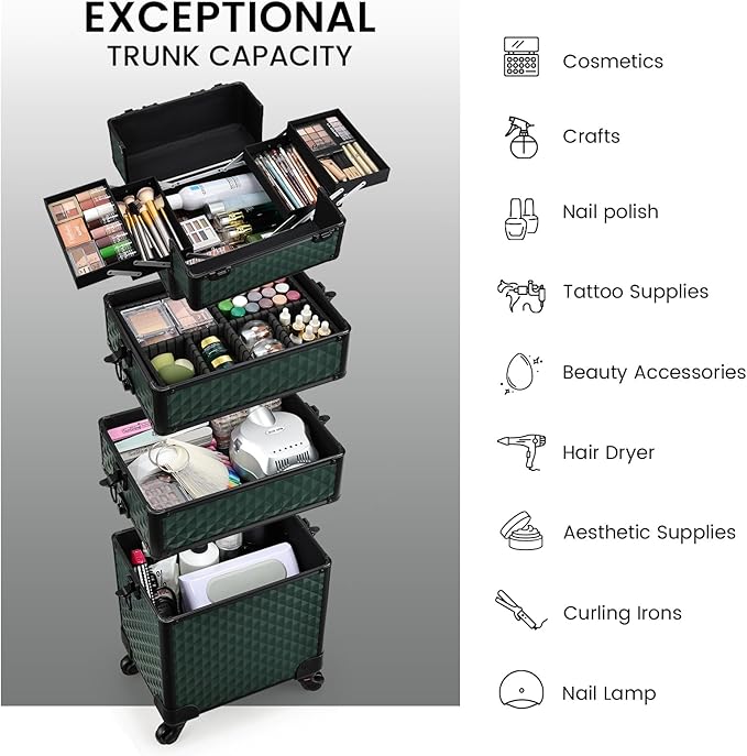 Stagiant Rolling Makeup Case 4 in 1 Cosmetology Case on Wheels Makeup Travel Case with Cosmetic Bag Key Swivel Wheels Salon Barber Case Traveling Cart Trunk Cosmetic Trolley Green