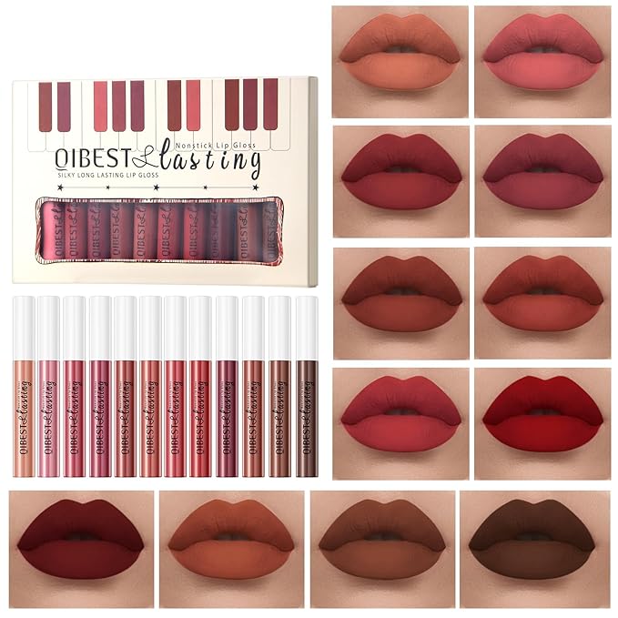 Matte Liquid Lipstick Set - 12 Pcs Long Lasting & Waterproof Lipstick Kit, Non Transfer Lip Stain with Nude, Dark Red | Full Coverage Lip Gloss Makeup Set for Women
