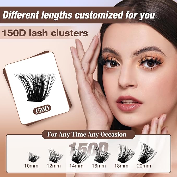 Lash Clusters Kit, DIY Cluster Eyelash Extensions 10‑20mm, 150D, 156pcs Fluffy D Curl Natural Lashes with Bond & Seal,Remover,Tweezers – Fake Cat Eye Individual Clusters