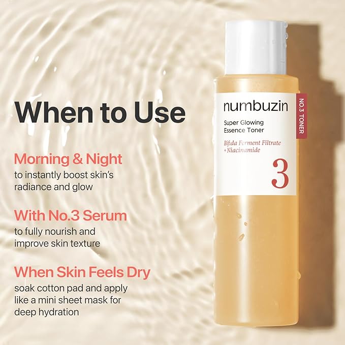 numbuzin No.3 Toner | Super Glowing Essence Toner | Skin Radiance, Zero Pore, Skin Tightening, Skin Texture, Hydration | Fermented Ingredients, Niacinamide, Galactomyces | 6.76 fl. oz.