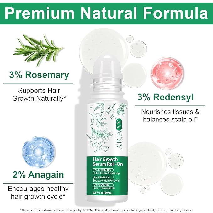 Rosemary Hair Growth Serum Roll On, Hair Thicker Serum with 3% Rosemary, 3% Redensyl & 2% Anagain, Scalp Serum, Reduces Hair Fall & Follicle Strengthener, Thicker, Fuller Hair, All Hair Types (2PCS)