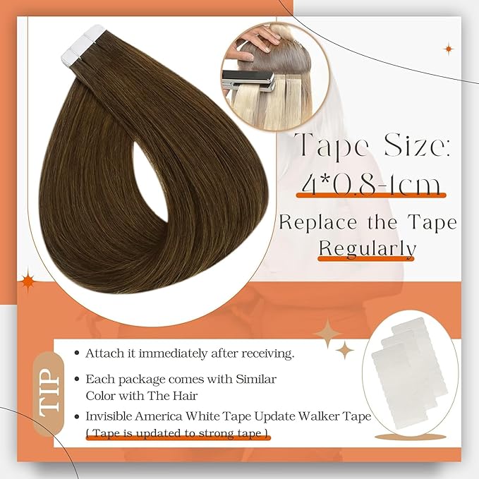 Full Shine Brown Tape in Extensions Color 4 Medium Brown Remy Tape ins Human Hair Extensions 20Inch Double Sided Adhesive Extension 100G 40Pcs Long Straight for Natural Look