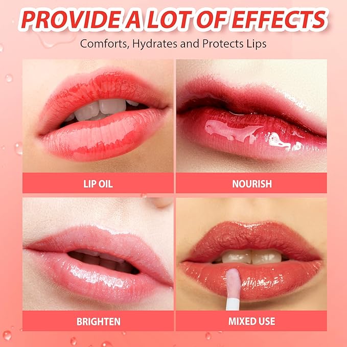 2Pack Big Brush Head Hydrating Lip Glow Oil Plumping Lip Tint, Hydrating Lip Gloss Tinted Lip Balm Transparent Lip Care, Long Lasting Nourishing Non-sticky Fresh Texture (Strawberry + Raspberry)
