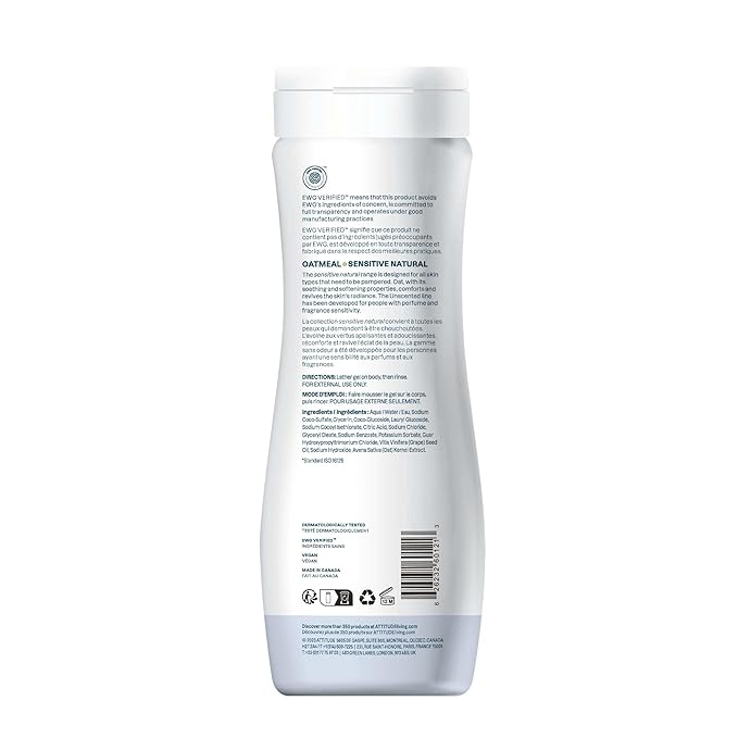ATTITUDE Body Wash for Sensitive Skin with Oat, EWG Verified, Dermatologically Tested, Vegan, Extra Gentle, Unscented, 16 Fl Oz
