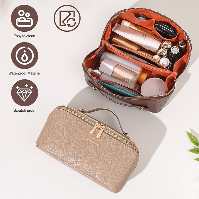 Makeup Bag, Travel Toiletry Bag for Women, Large Capacity Waterproof PU Leather Cosmetic Bags Make Up Organizer Bags with Headband and Wristband Set (Khaki, Lychee Pattern)
