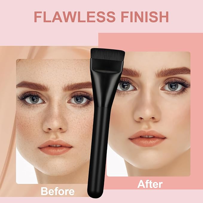 Flat Foundation Brush for Liquid Makeup,14CM Premium Fast Flawless Flat Top Kabuki Makeup Brushes Face Cosmetics Concealer Brush for Liquid, Blending, Powder, Cream, Powder, Blush, Buffing Black