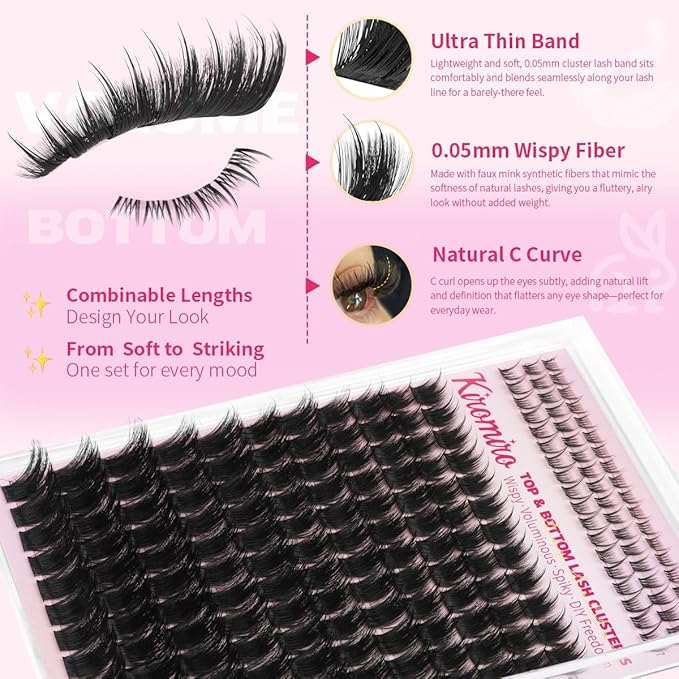 Kiromiro Lash Clusters Kit 12-20mm Thick Lash Extensions Kit Top & Bottom Eyelash Clusters Kit with Lashes Bond and Seal Fluffy Cluster Lashes with Spikes DIY Individual Eyelash Extensions