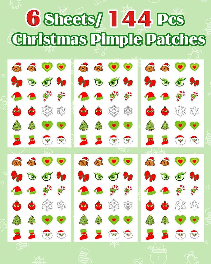 Christmas Cute Hydrocolloid Pimple Patches - Fun Acne Patches for Zits and Blemishes, Pimple Stickers for Face and Skin, Tea Tree Oil & Salicylic Acid, 144 Count