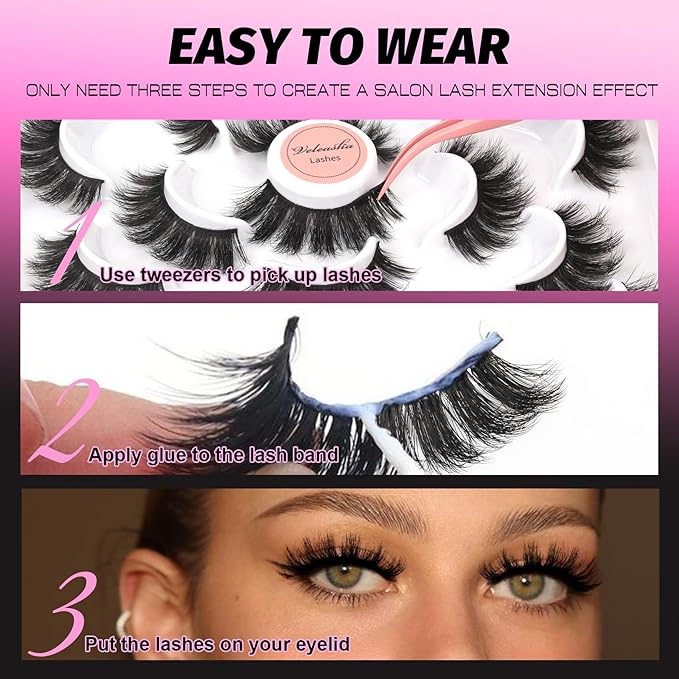 Veleasha Lashes Fluffy False Eyelashes 5D Handmade Faux Mink Lashes 10 Pairs False Lashes Kit with Lash Glue and Lash Tweezers Luxury Volume Fake Eyelashes Cat Eye Lashes Strips (801 Kit)