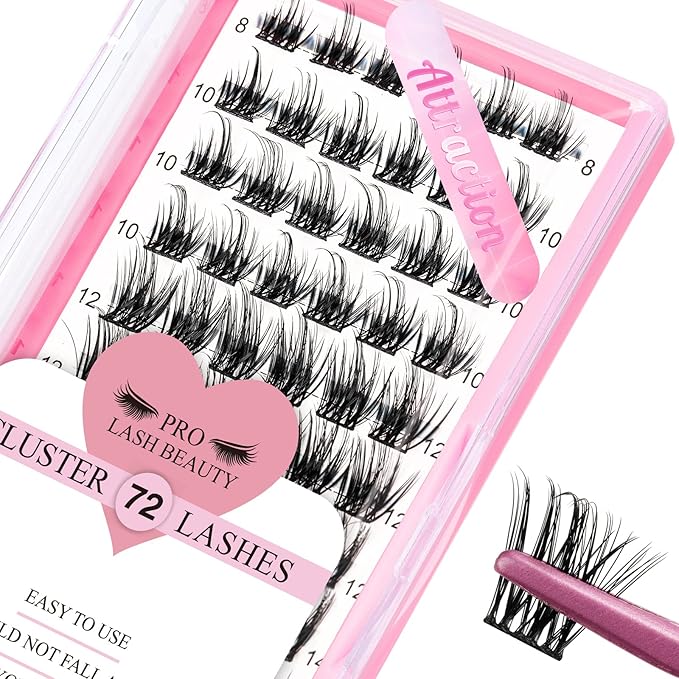 Cluster Lashes 72 Pcs Lash Clusters DIY Eyelash Extension Individual Lashes Thin Band Easy to Apply at home Lashes (Attraction D-8-16 mix)