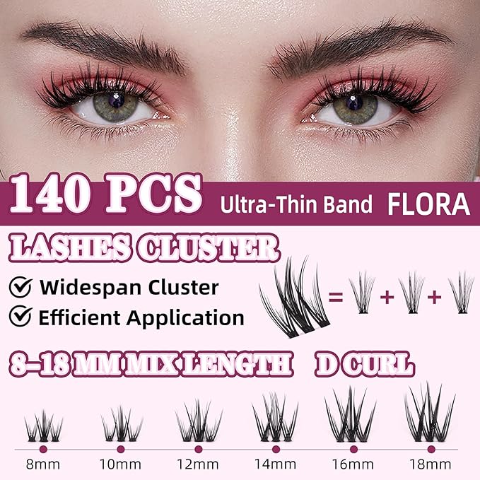 Lash Clusters for DIY Lash Extension at Home, Natural Wispy Individual Clusters Lashes False Eyelashes 140 Count 0.07D 8-18MM Mix D Curl Eye Lash Extensions (U21 Lash 8-18MM)