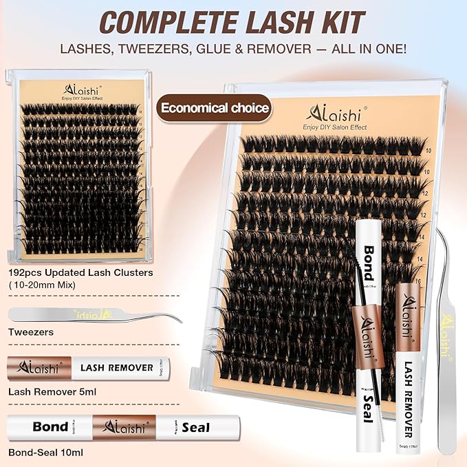 Lash Clusters Kit, DIY Cluster Eyelash Extensions 10‑20mm, 100D, 192pcs Fluffy D Curl Natural Lashes with Bond & Seal,Remover,Tweezers – Fake Cat Eye Individual Clusters