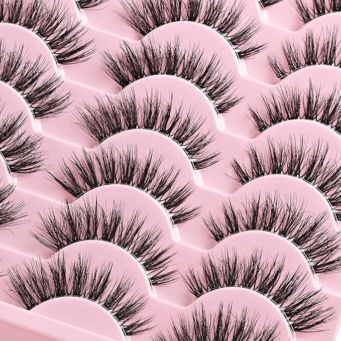 Lashes Wispy False Eyelashes Cat Eye Lash Strips Natural Fake Eyelash Mink Strip Lash Pack 14 Pairs Lightweight Fluffy Cateye Lashes Soft Cotton Band 7-14mm Wispies Easy Eyelashes Natural Look