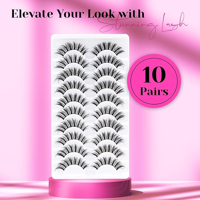 Veleasha Lashes Fluffy False Eyelashes with Clear Band Long Eyelashes Looks Like Lash Extensions CC Curl Soft Fake Lashes Strips Lashes 10 Pairs Pack (Bold Length)
