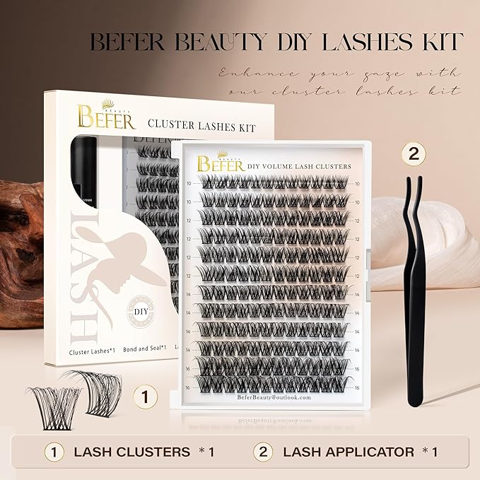 BEFER Lash Clusters, 144 Pcs D Curl Eyelash Clusters Volume Individual Lashes Extensions 10-16MM Wispy Eyelash with Tweezers DIY At Home(FD03,Radiance)
