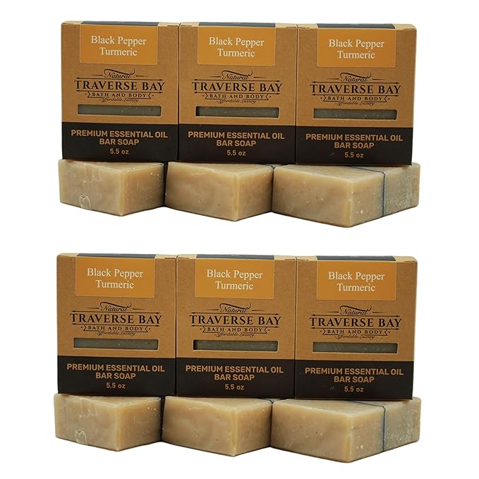 Traverse Bay Bath and Body Black Pepper Turmeric Soap, All Natural Cold Process Essential Oil, Spicy Ginger Pepper Scent, 6 Bars, 33+ oz