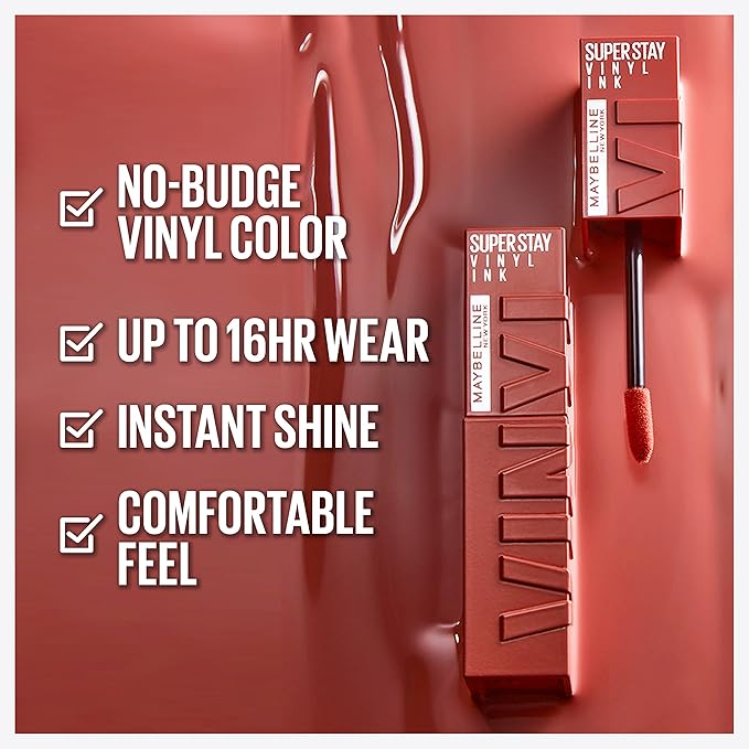Maybelline Super Stay Vinyl Ink Longwear No-Budge Liquid Lipcolor Makeup, Highly Pigmented Color and Instant Shine, Charmed, Pink Lipstick, 0.14 fl oz, 1 Count
