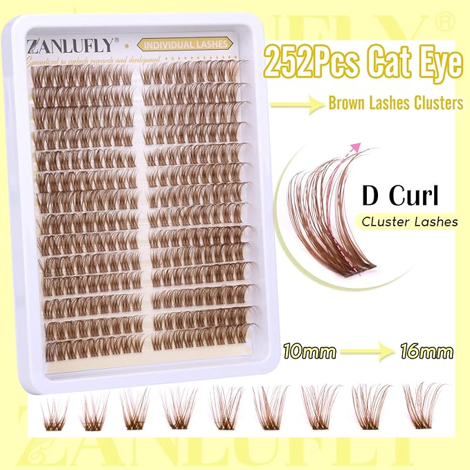 Brown Lash Clusters Natural Individual Lashes Cat Eye Eyelash Clusters D Curl Wispy DIY Lashes Extensions Brown Cluster Eyealshes Extension (10-16MM)