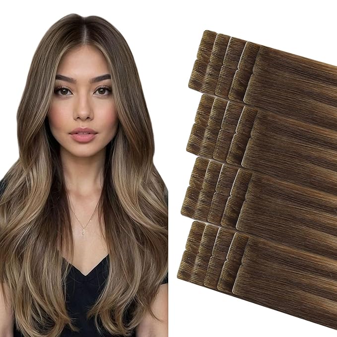 COOKAYU Invisible Tape in Hair Extensions, Injected Tape Hair Extensions Medium Brown to Caramel Blonde 50g 20pcs 22Inch Seamless Tape in Human Hair Extensions Straight