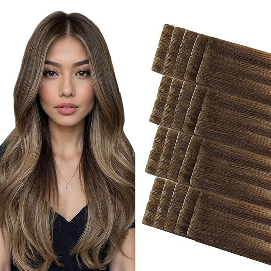 COOKAYU Invisible Tape in Hair Extensions, Injected Tape Hair Extensions Medium Brown to Caramel Blonde 50g 20pcs 22Inch Seamless Tape in Human Hair Extensions Straight