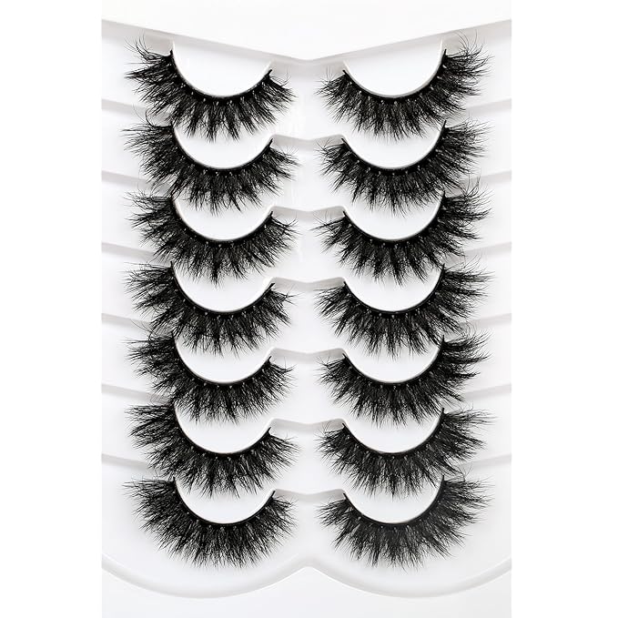 Pooplunch False Eyelashes Cat Eye Lash Volume Crossed Fake Eyelashes Thick Dramatic 8D Faux Mink Lashes Strips 7 Pairs Pack