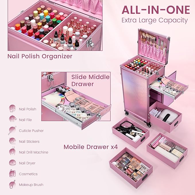 Joligrace Rolling Manicure Table 5 Drawers Foldable Nail Desk Cosmetology Case on Wheels Makeup Case with Brush Pouch for Technician Workstation Mobile Makeup Artist Trolley, Shiny Pink