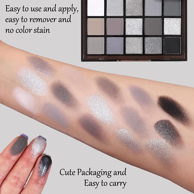 Black Grey Smoky Eyeshadow Palette,15 Colors Matte Shimmer Pigmented Eye Shadow Makeup Palette Set with 3 Eyeshadow Brushes,Glitter Eyeshadow Makeup Palette for Daily Halloween Goth Makeup(A)