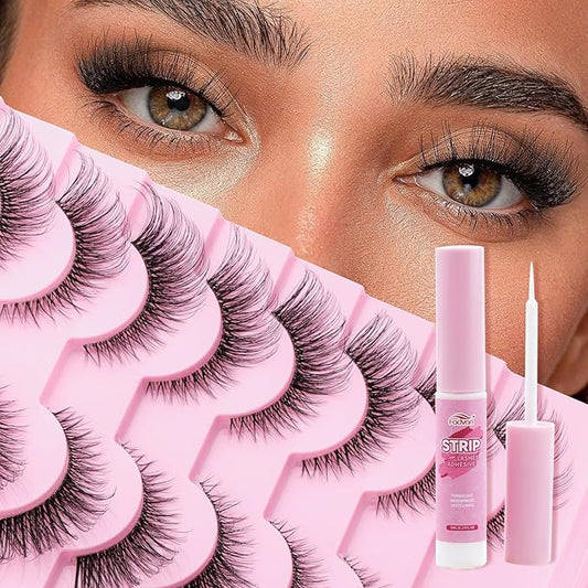 Natural Cat Eye Lashes Wispy False Eyelashes Thin Cotton Band Soft Mink Lashes Natural Eye Lashes Kit with Clear Glue Pack 10 Pairs by FADVAN-By003