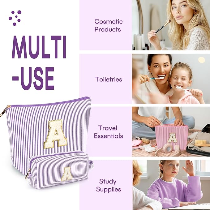 mibasies 2 PCS Initial Makeup Bags: Mothers Day Gifts for Women - Best Friend Birthday Gifts Graduation Gifts Wedding Bridesmaid Girlfriend Wife Daughter Sister Girl Gifts - Purple M
