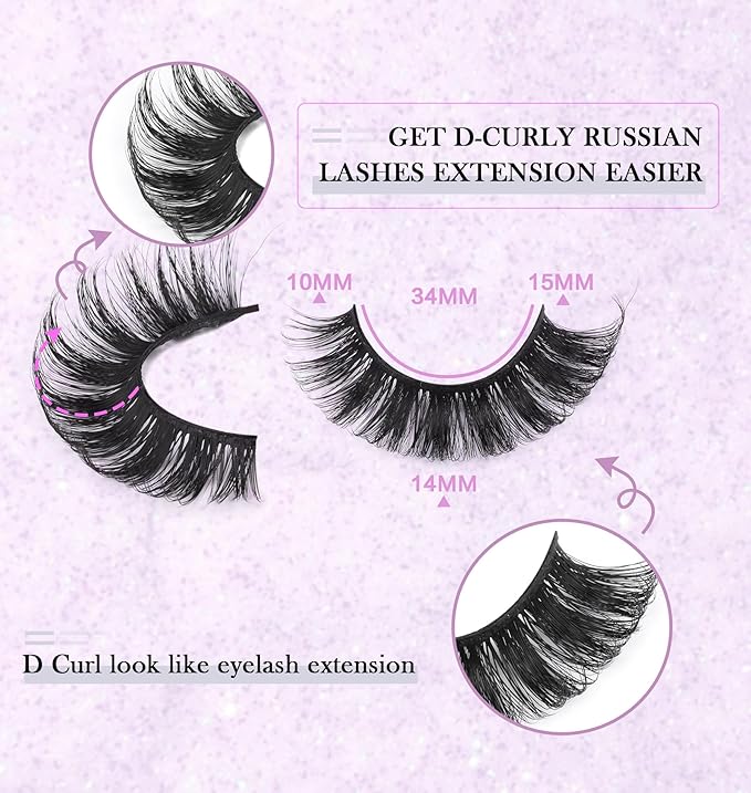 False Eyelashes Russian Strip Lashes Volume Fake Eyelashes Extension D-Curly Wispy Handmade Soft Reusable 14 Pairs Lashes Pack
