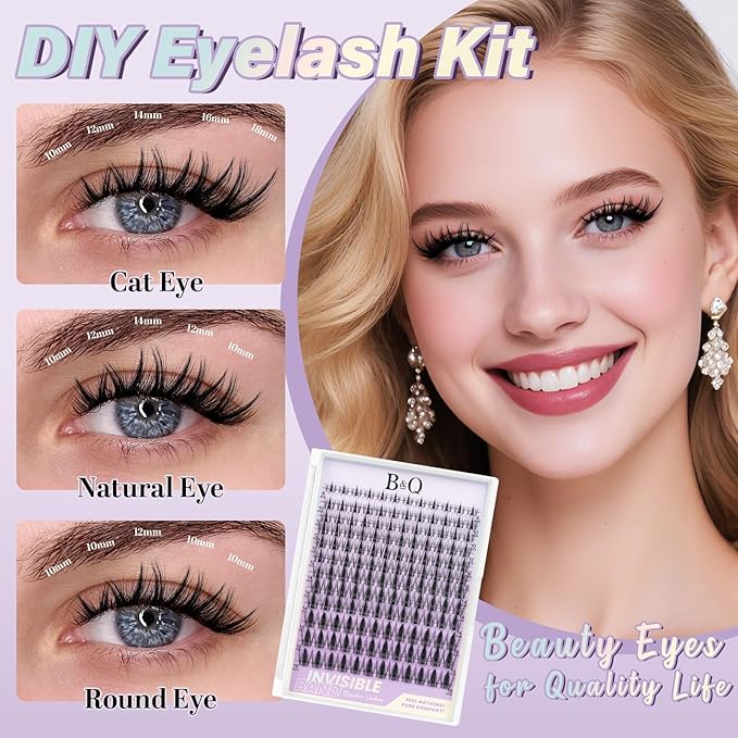 B&Q Victory Lash Clusters Kit Natural Lashes Clusters Wispy Invisible Band Manga Lashes Individual Lashes Bond and Seal Eyelash Extension Kit Easy Removal (Victory Kit-8-18MIX)