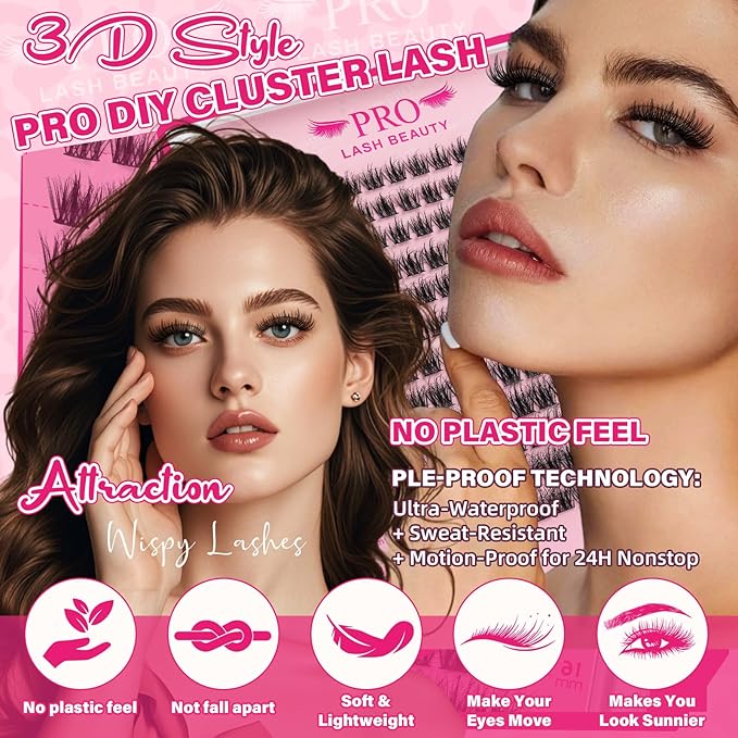 Wispy Lash Clusters Kit Spikes Eyelash Clusters Kit 3D Effect Eyelash Extensions Kit with Remover for Lash Extension, Bond,Seal and Tweezers by PRO