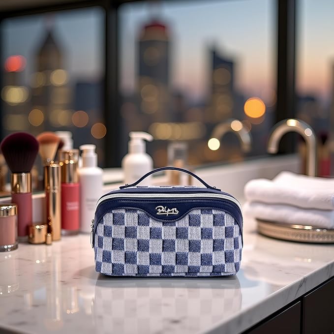 BOYATU Travel Makeup Bag for Women: Large Cosmetic Bag Set of 3 - PU Leather Make up Bag with Compartments - Compact Waterproof Toiletry Bag with Divider & Handle (D-5-Deep Blue)