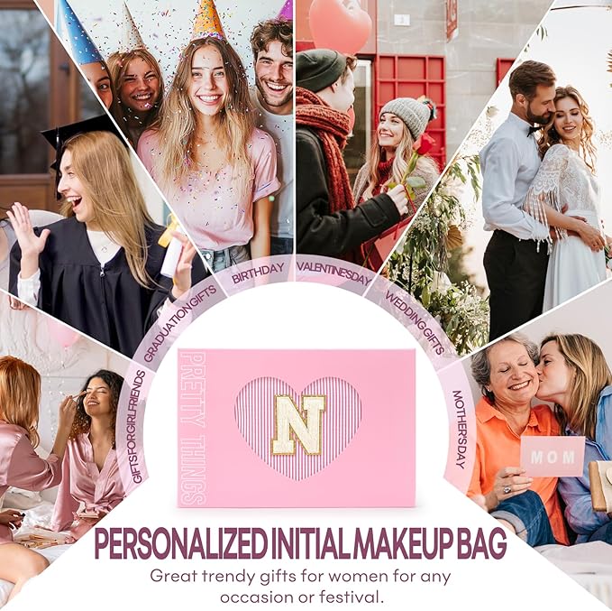 2 PCS Initial Makeup Bags for Women: Cosmetic Bag for Travel Toiletry - Birthday Gifts for 11 12 13 14 15 16 17 18 Years Old Girl Graduation Teacher Gift- Teen Girl Gifts Trendy Stuff - Pink N